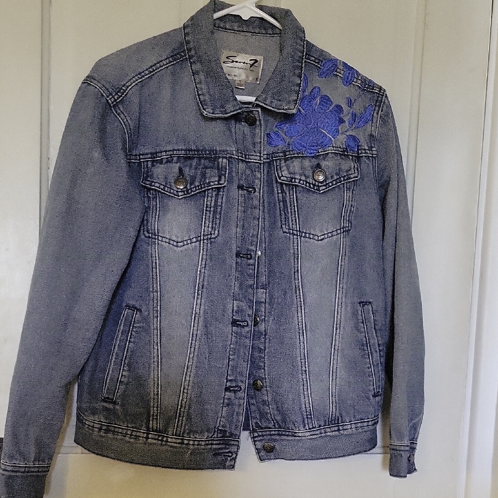 Denim Jacket with Blue Floral Embroidery